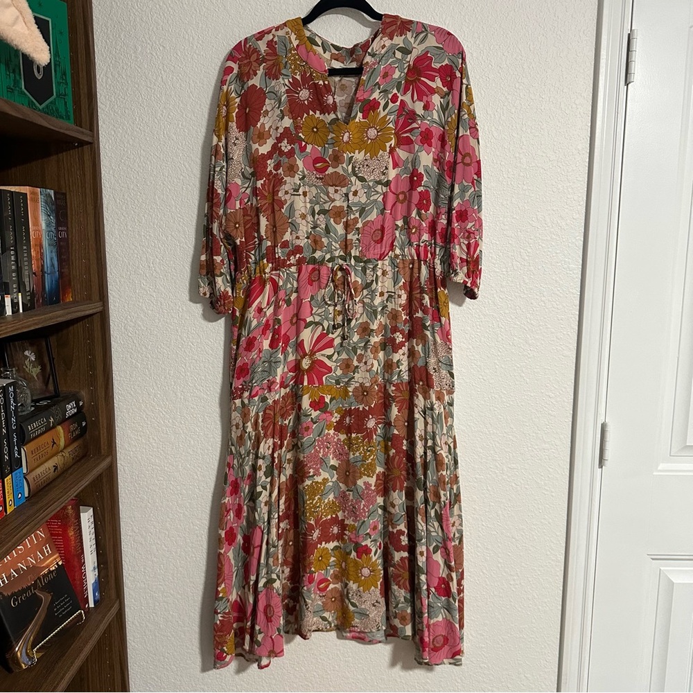 Floral Print Maxi Dress L Long Sleeve V Neck Lined Boho Hippie